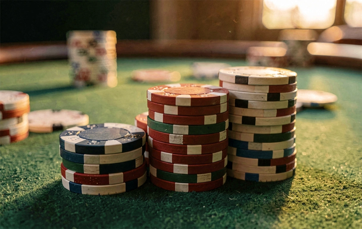 Poker chips på et casino bord